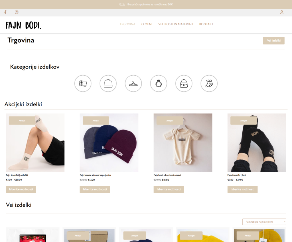 Stran trgovine spletne trgovine Fajnbodi, ki jo je izdelal Webcore